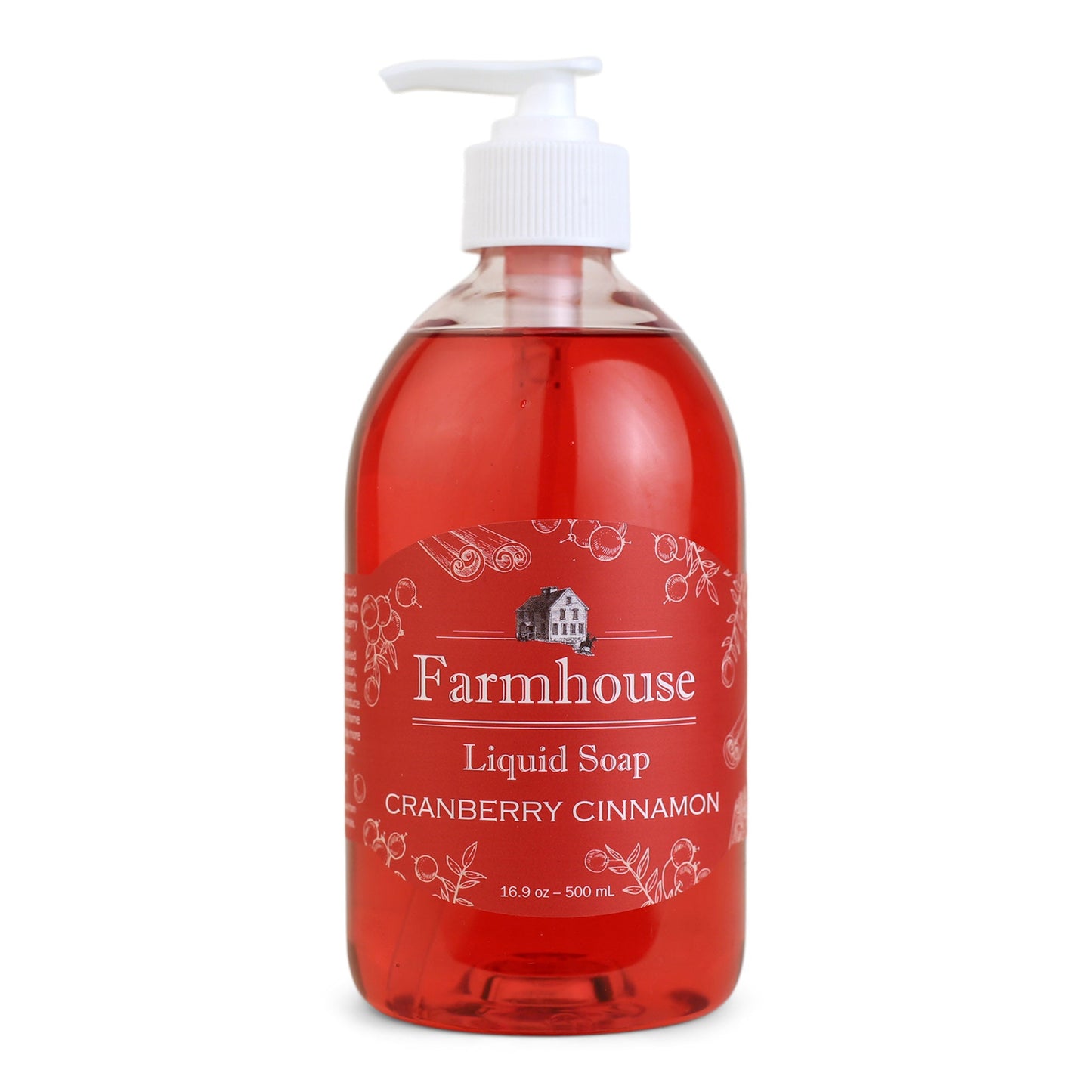 A clear pump bottle of Farmhouse liquid soap with a red label that reads 'Liquid Soap' and 'Cranberry Cinnamon'.