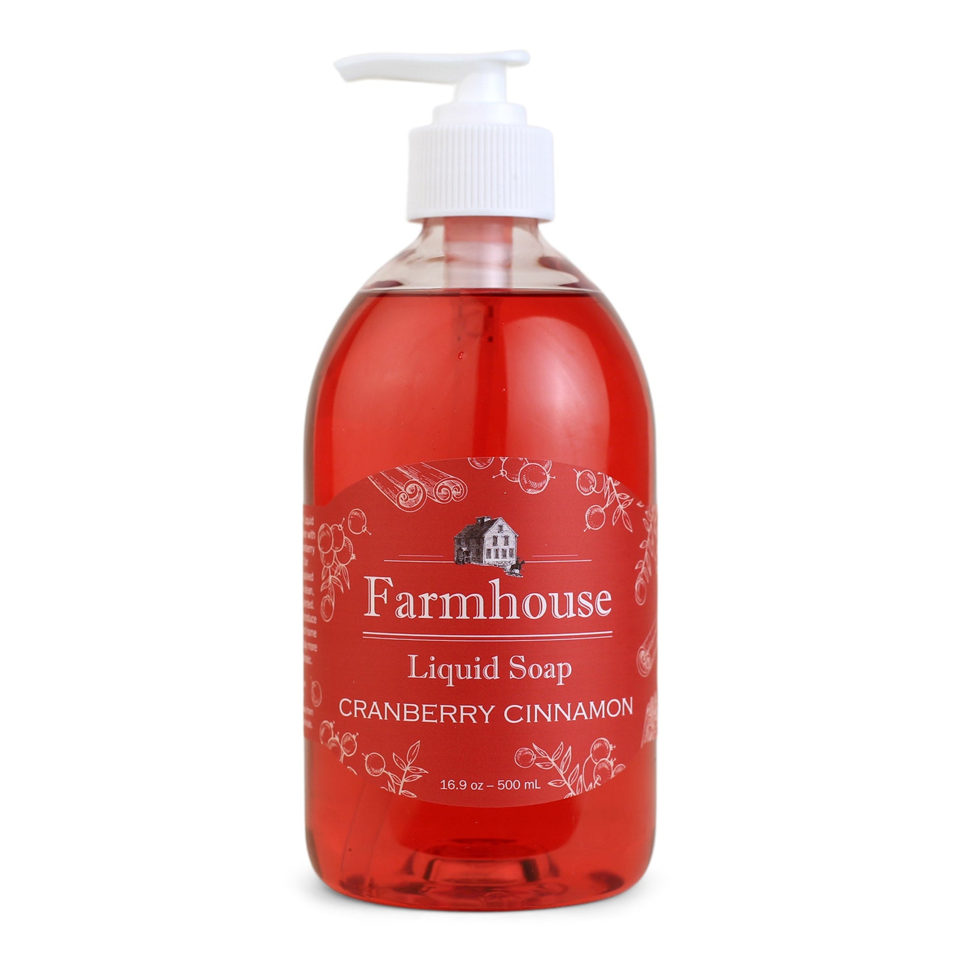 A clear pump bottle of Farmhouse liquid soap with a red label that reads 'Liquid Soap' and 'Cranberry Cinnamon'.