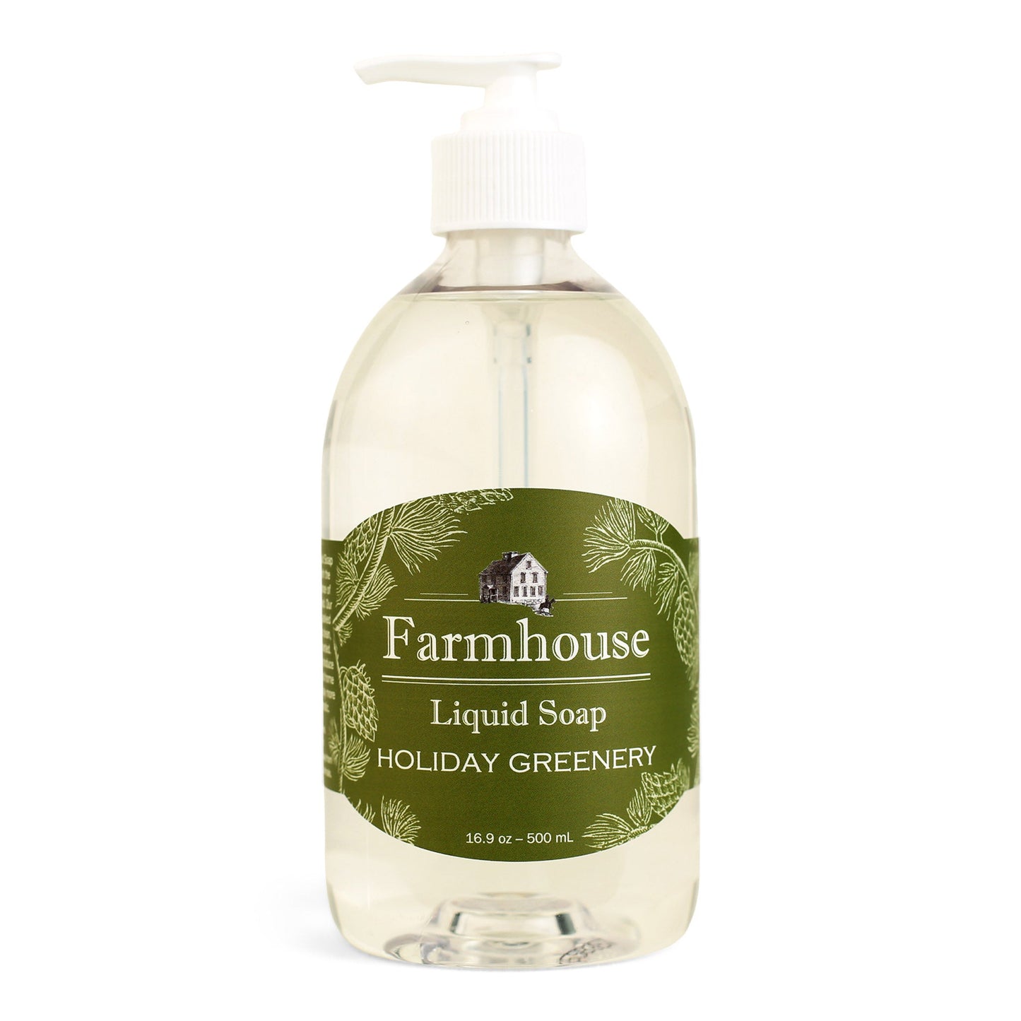 A clear pump bottle of Farmhouse liquid soap with a green label that reads 'Liquid Soap' and 'Holiday Greenery'.