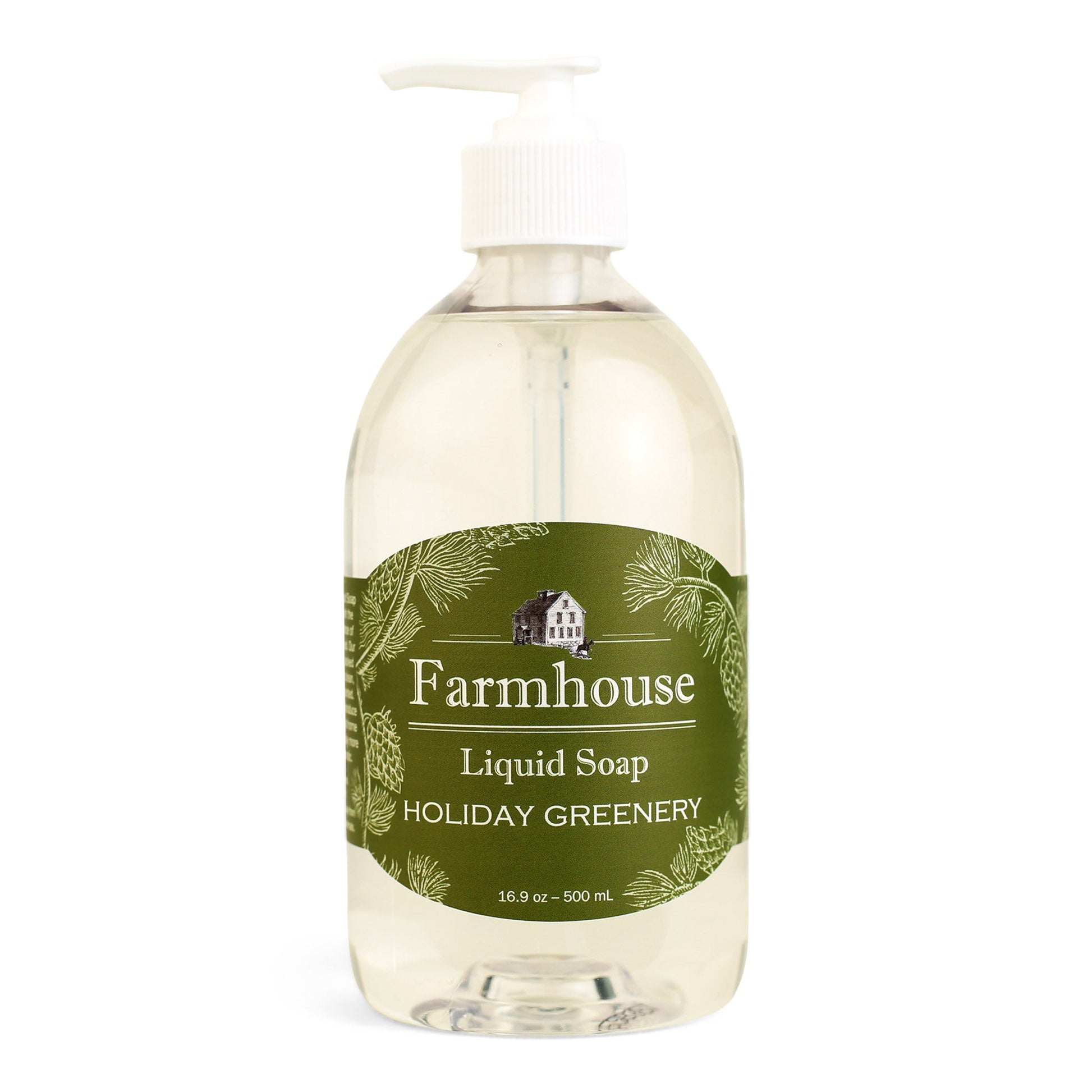 A clear pump bottle of Farmhouse liquid soap with a green label that reads 'Liquid Soap' and 'Holiday Greenery'.