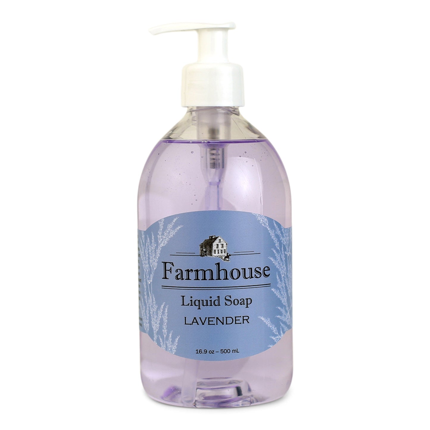 A clear pump bottle of Farmhouse liquid soap with a blue label that reads 'Liquid Soap' and 'Lavender'.