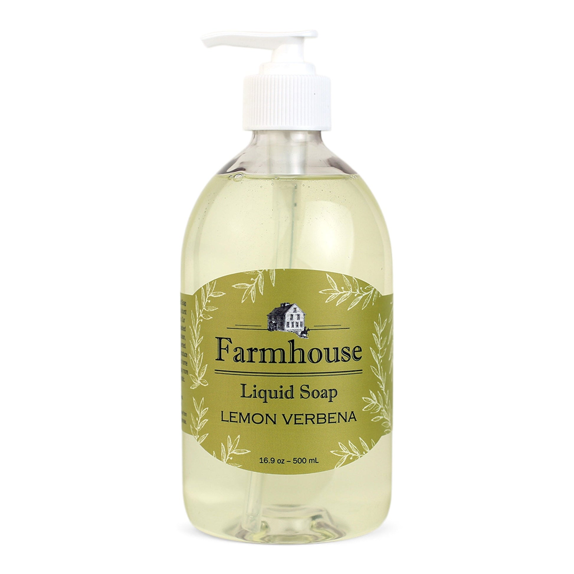 A clear pump bottle of Farmhouse liquid soap with a green label that reads 'Liquid Soap' and 'Lemon Verbena'.