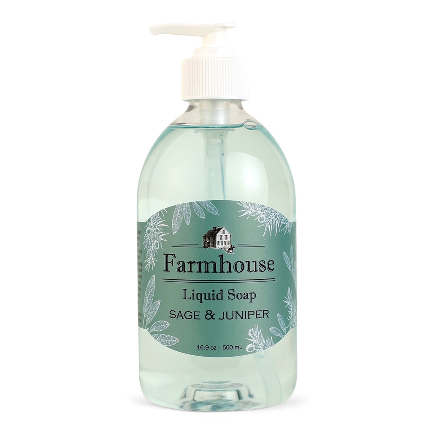 A clear pump bottle of Farmhouse liquid soap with a blue-green label that reads 'Liquid Soap' and 'Sage & Juniper'.