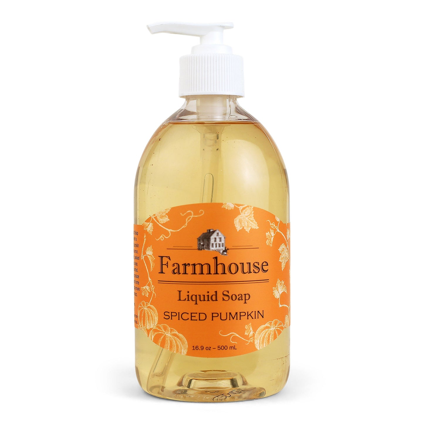 A clear pump bottle of Farmhouse liquid soap with an orange label that reads 'Liquid Soap' and 'Spiced Pumpkin'.