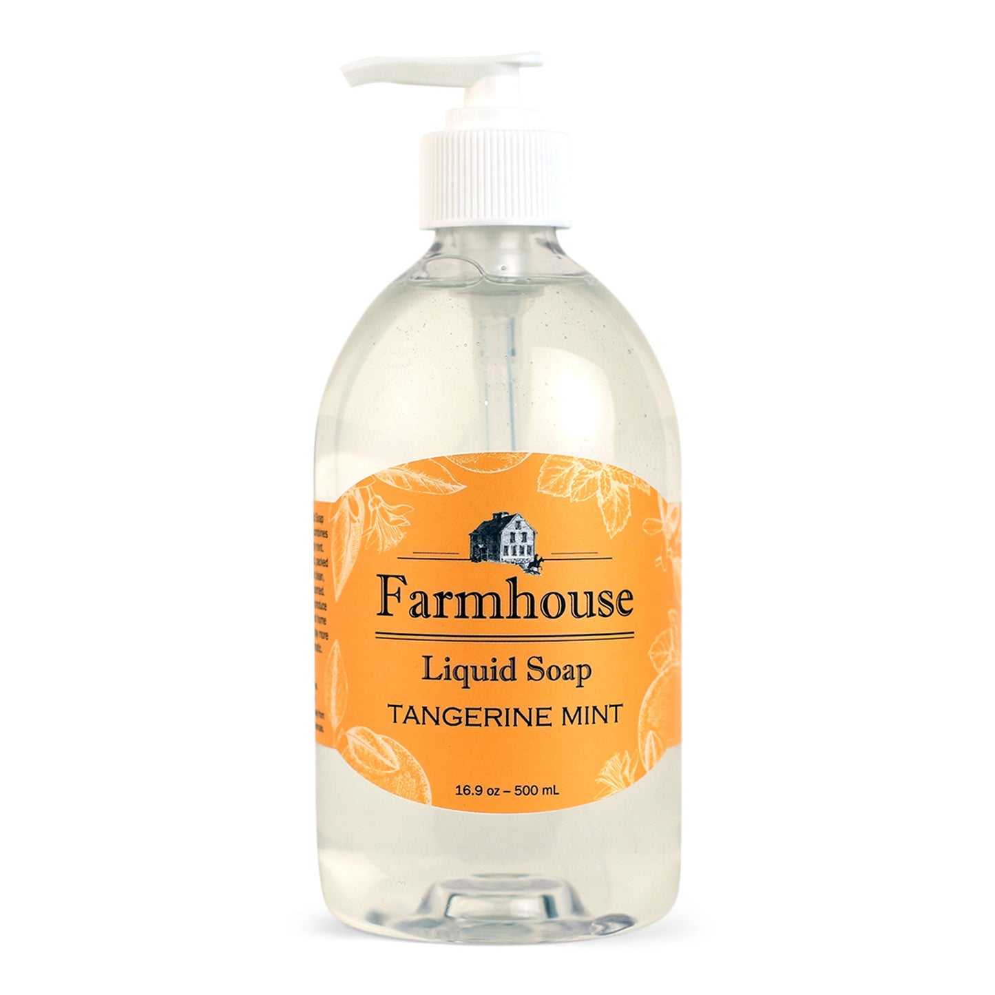 A clear pump bottle of Farmhouse liquid soap with a orange label that reads 'Liquid Soap' and 'Tangerine Mint'.