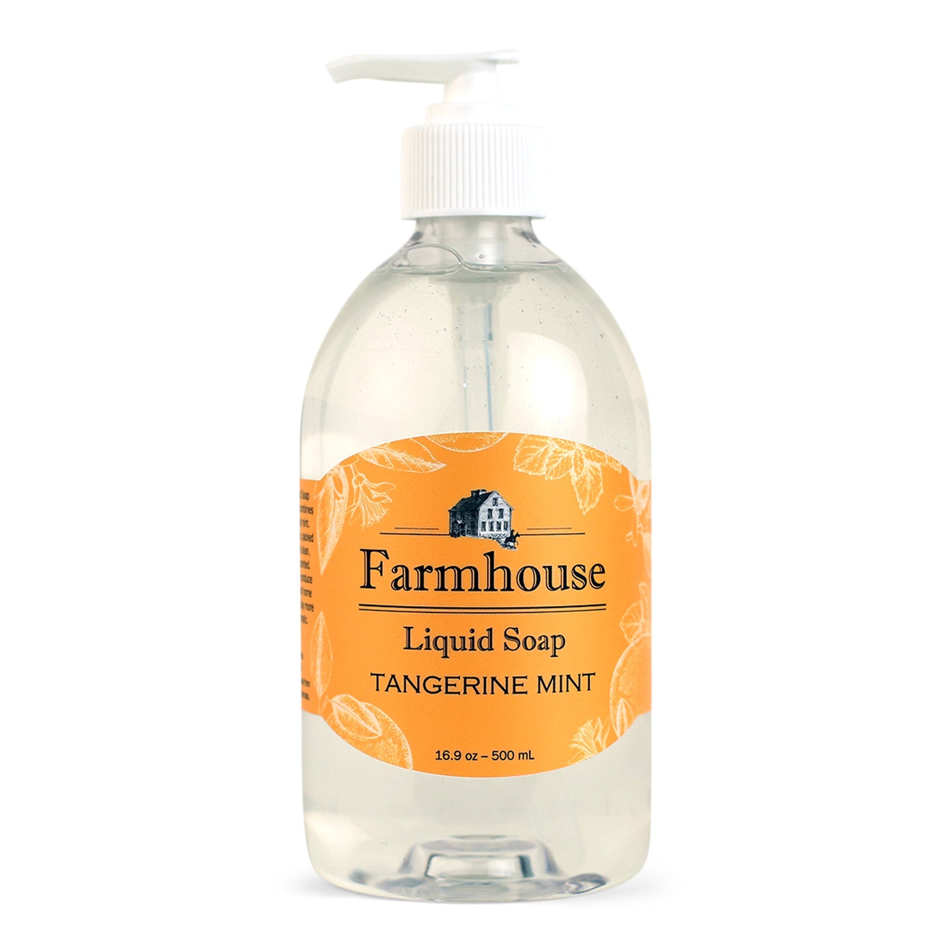 A clear pump bottle of Farmhouse liquid soap with a orange label that reads 'Liquid Soap' and 'Tangerine Mint'.