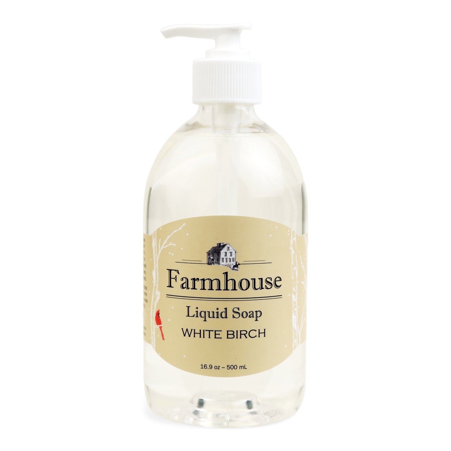 A clear pump bottle of Farmhouse liquid soap with a beige label that reads 'Liquid Soap' and 'White Birch'.