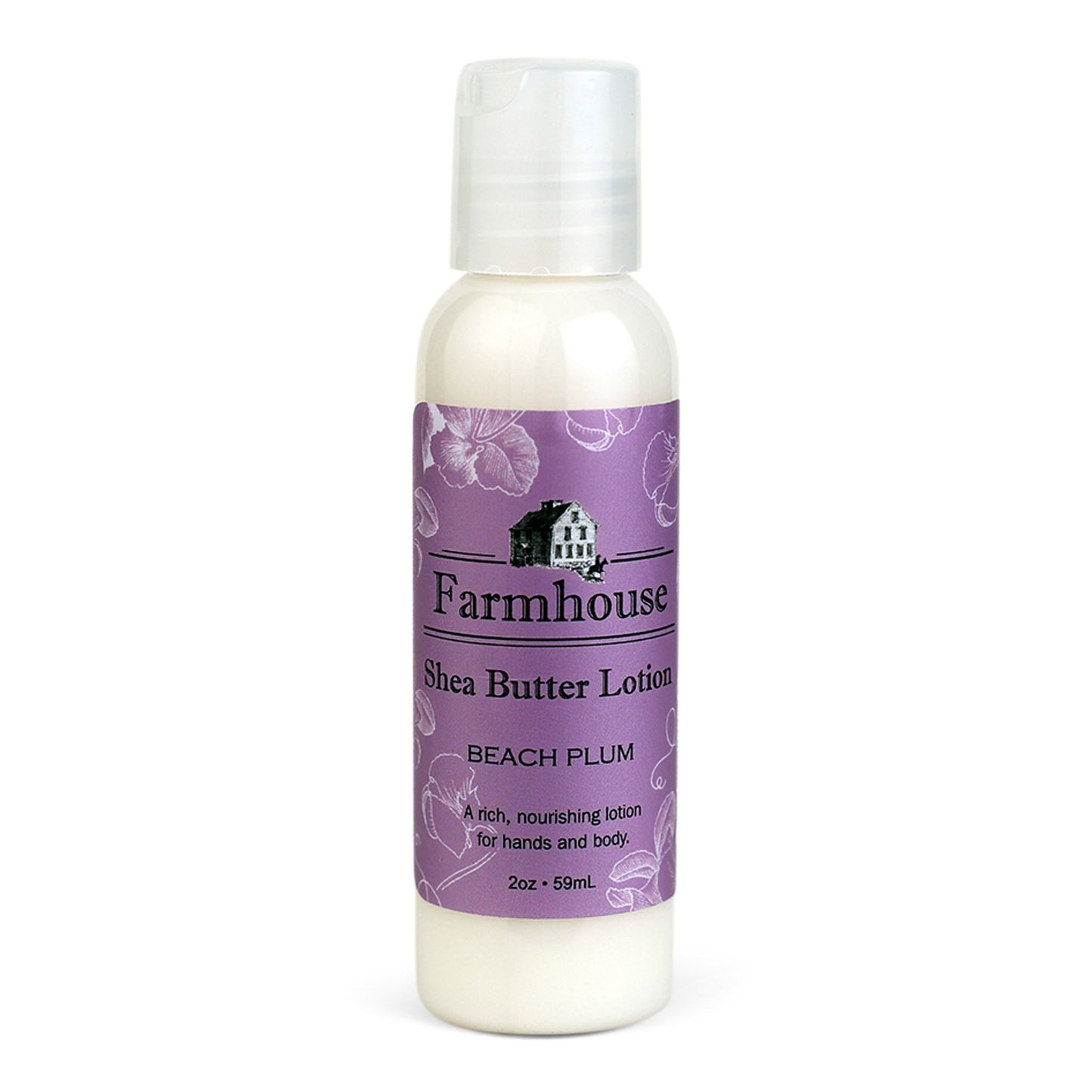 A mini bottle of Farmhouse Shea Butter Lotion with the label showing 'Beach Plum'.