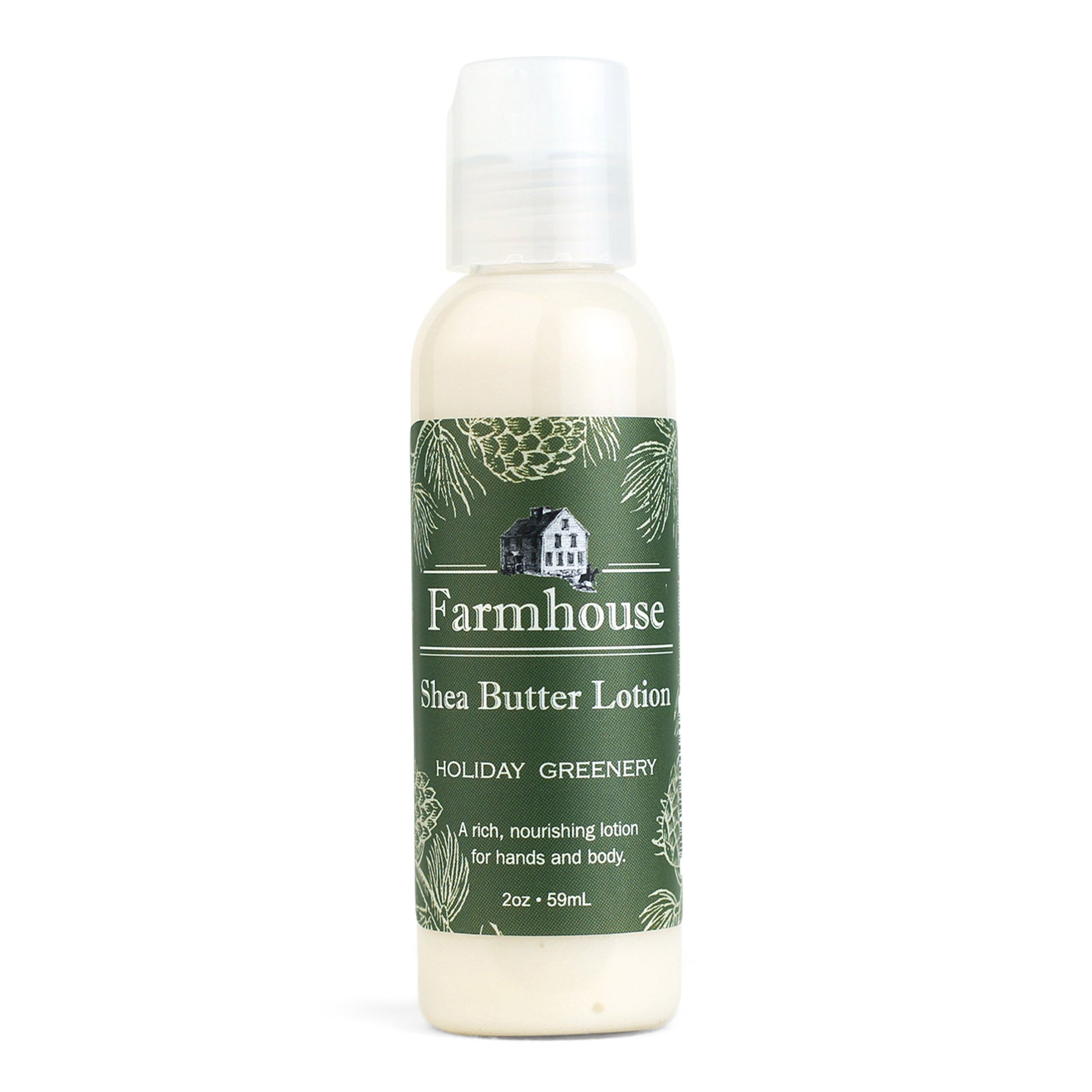 A mini bottle of Farmhouse Shea Butter Lotion with the label showing 'Holiday Greenery'.