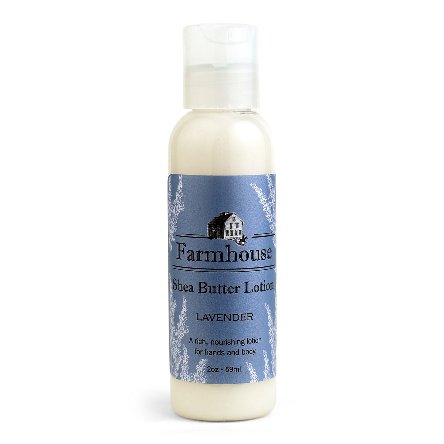 A mini bottle of Farmhouse Shea Butter Lotion with the label showing 'Lavender'.