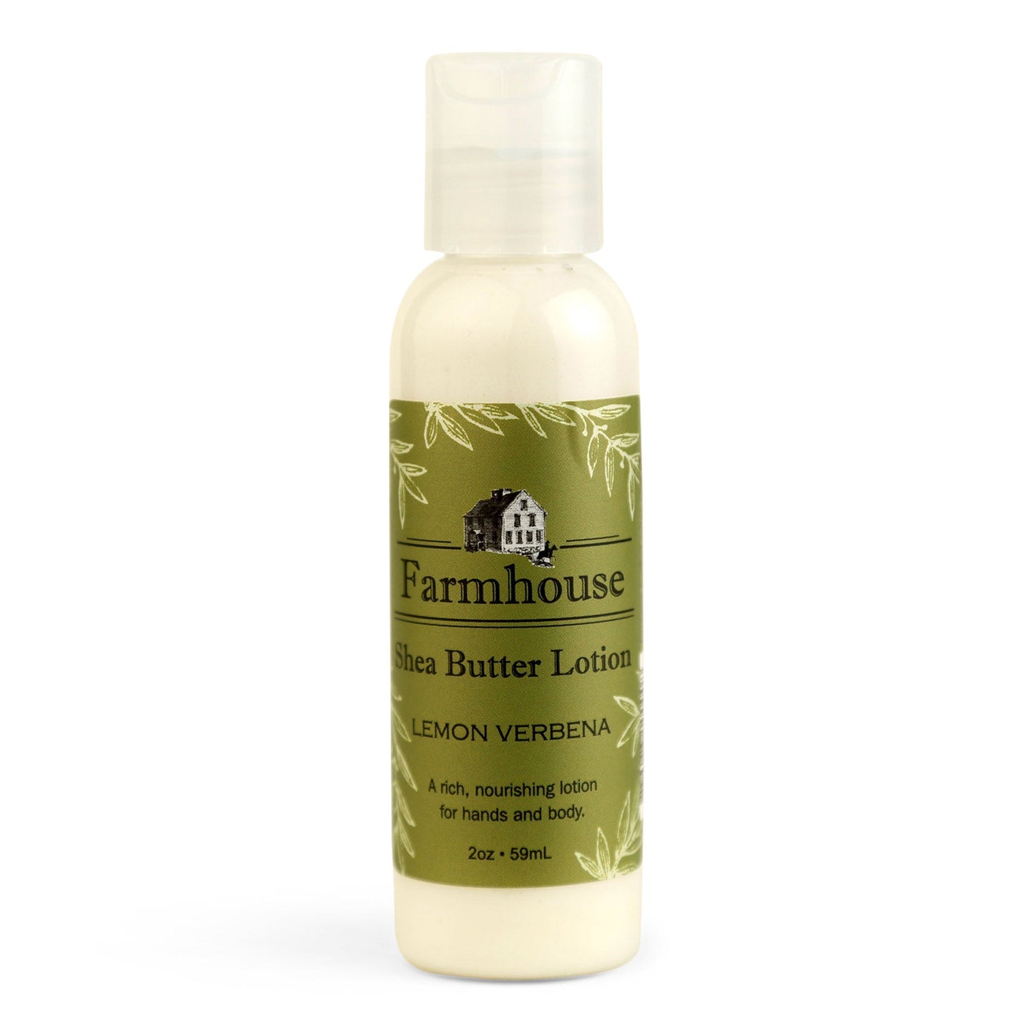 A mini bottle of Farmhouse Shea Butter Lotion with the label showing 'Lemon Verbena'.