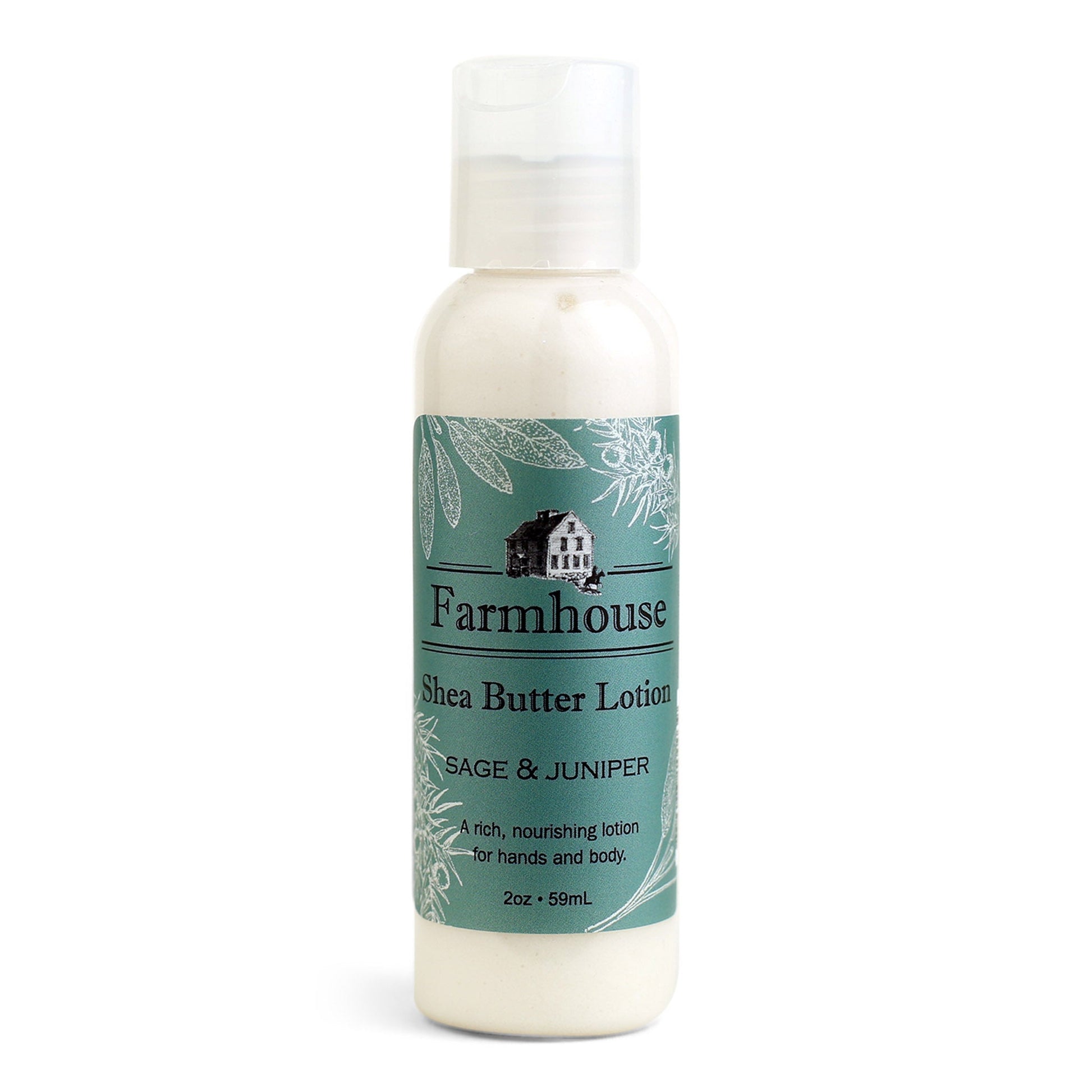 A mini bottle of Farmhouse Shea Butter Lotion with the label showing 'Sage & Juniper'.