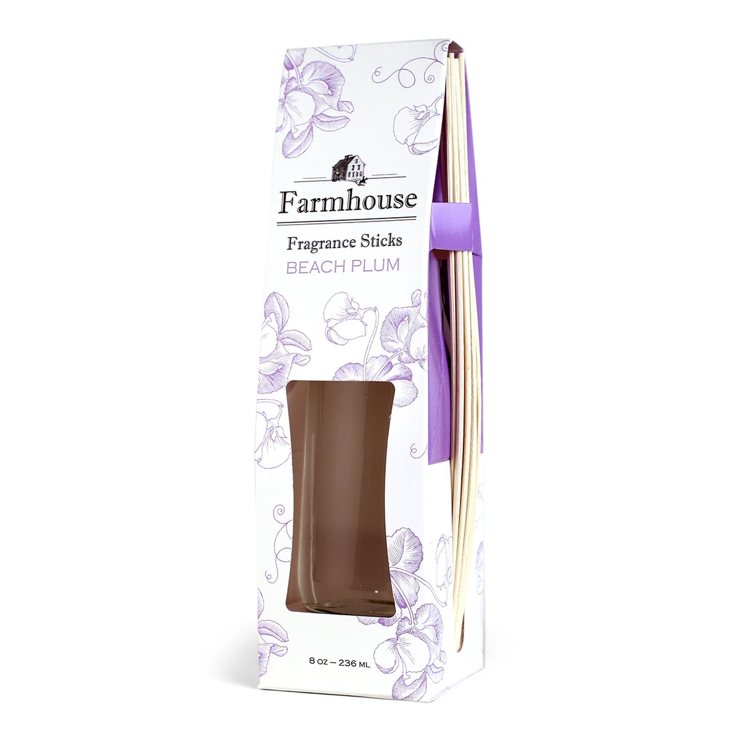 A package of Farmhouse Fragrance Sticks with a beach plum scent, featuring a square glass jar and rattan reeds.