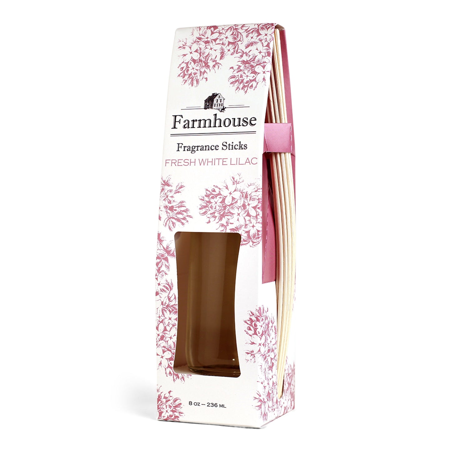 A package of Farmhouse Fragrance Sticks with a fresh white lilac scent, featuring a square glass jar and rattan reeds.