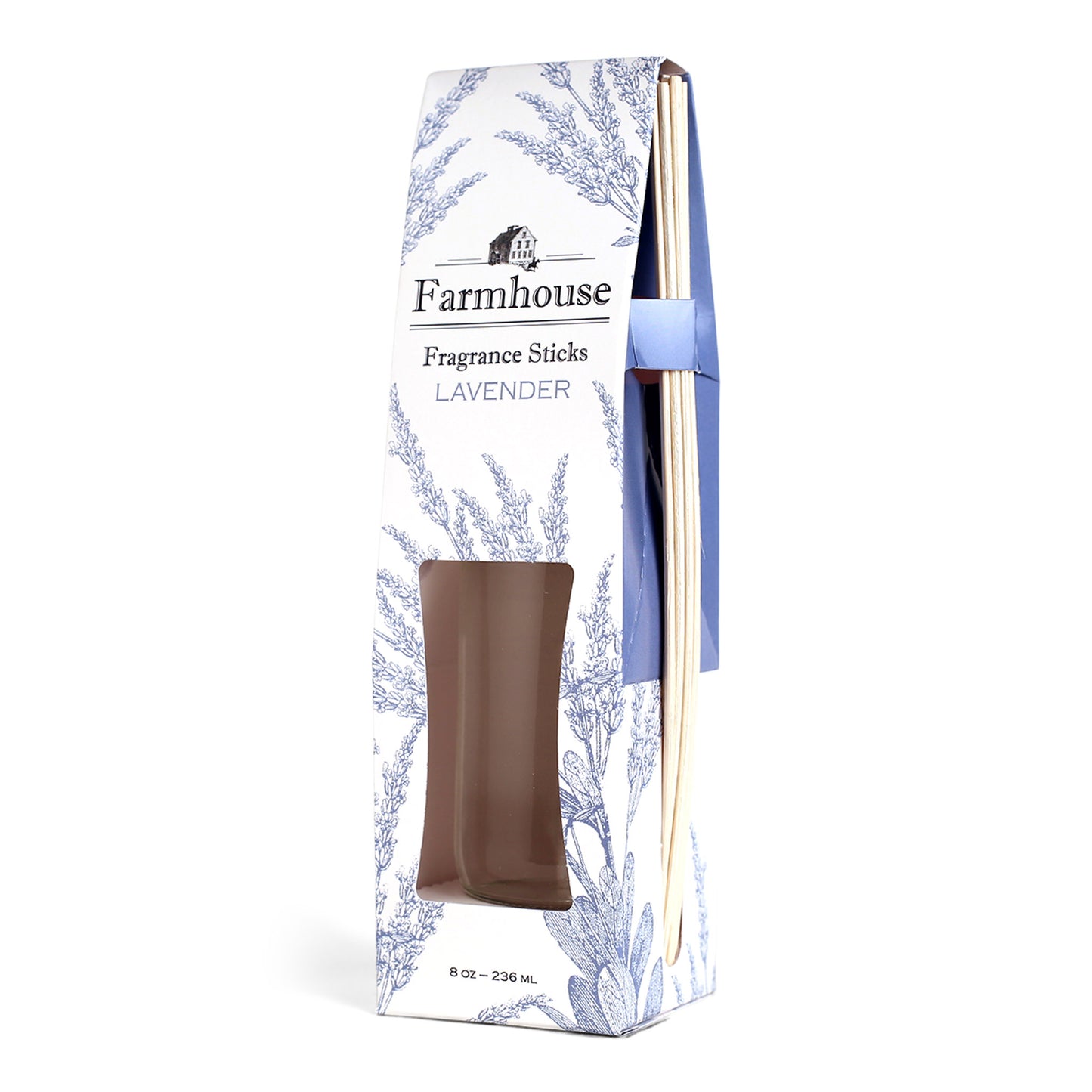 A package of Farmhouse Fragrance Sticks with a lavender scent, featuring a square glass jar and rattan reeds.