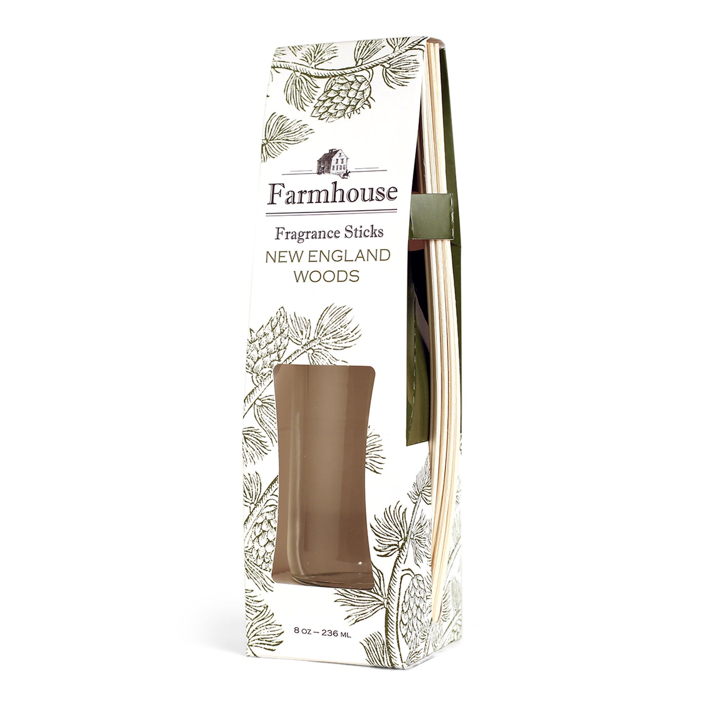 A package of Farmhouse Fragrance Sticks with a new england woods scent, featuring a square glass jar and rattan reeds.