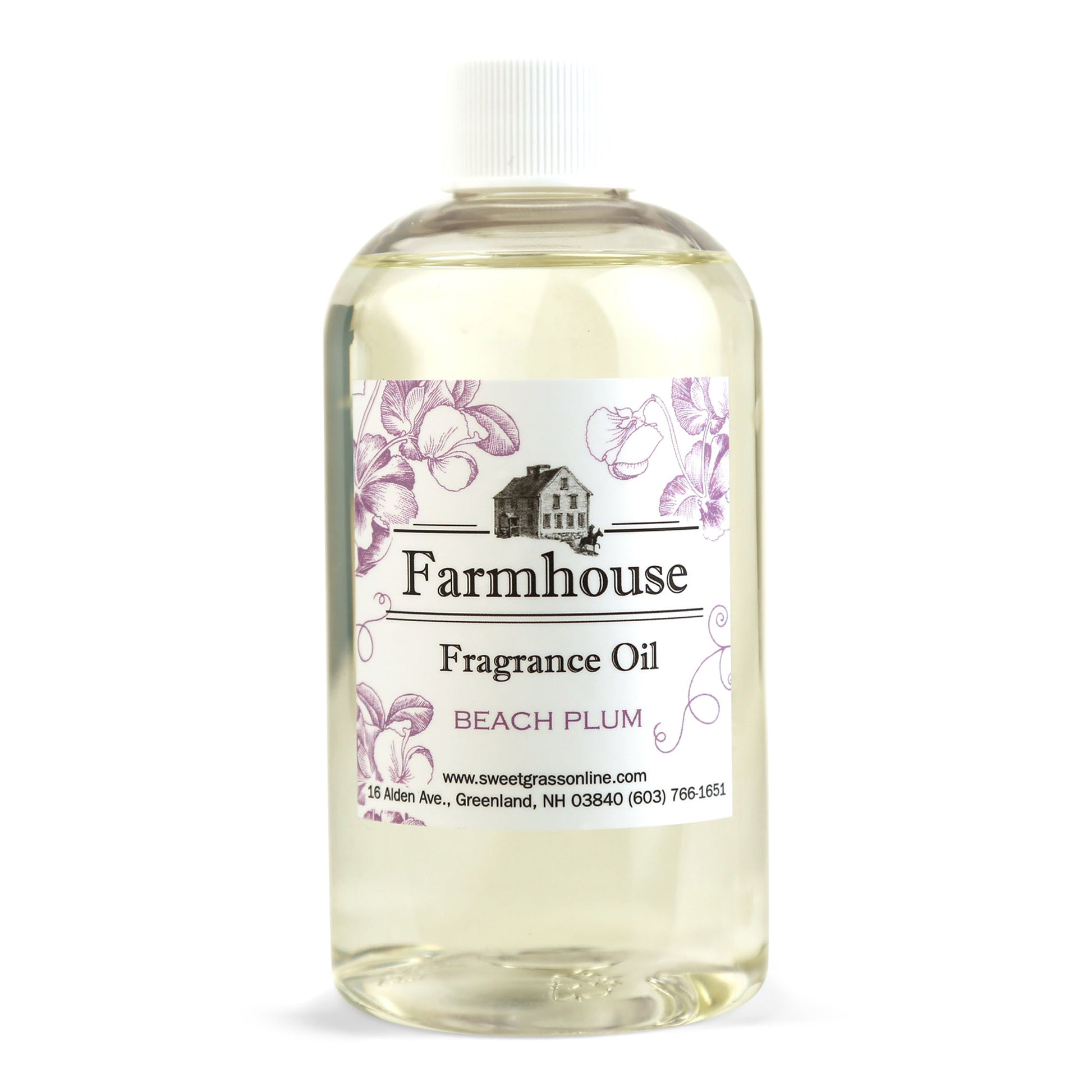 A refill bottle of Farmhouse fragrance oil labeled 'Beach Plum', intended for use with diffuser sticks.