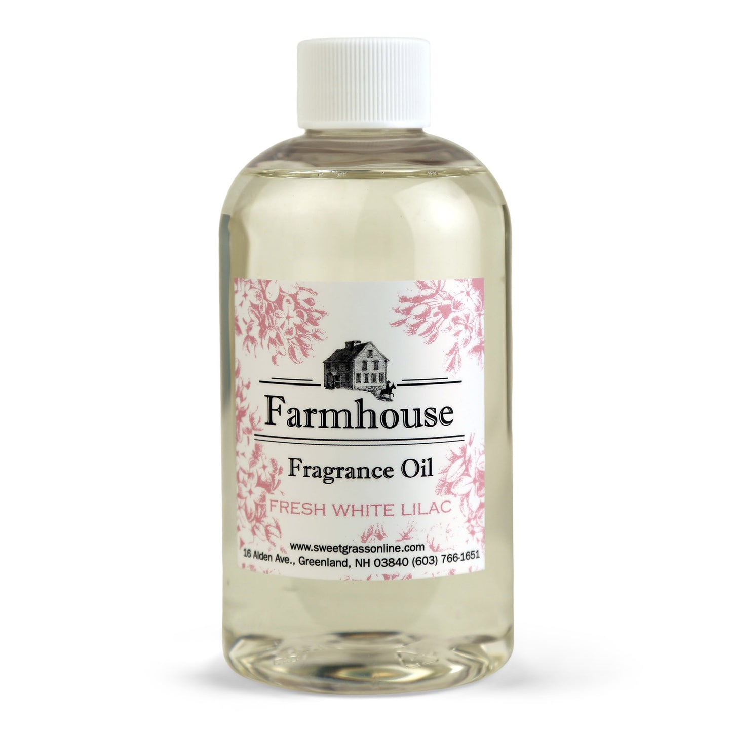 A refill bottle of Farmhouse fragrance oil labeled 'Fresh White Lilac', intended for use with diffuser sticks.