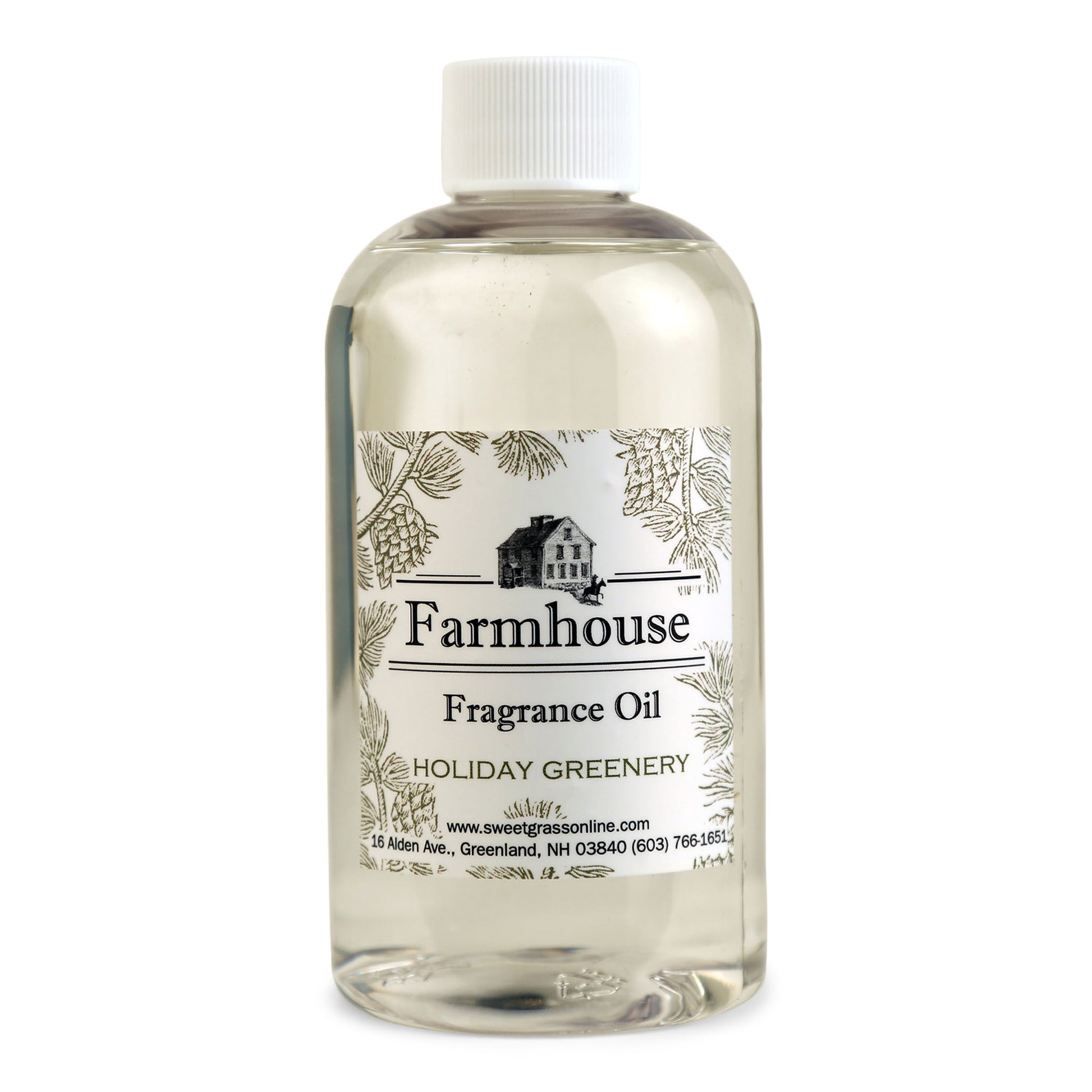A refill bottle of Farmhouse fragrance oil labeled 'Holiday Greenery', intended for use with diffuser sticks.