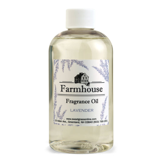 A refill bottle of Farmhouse fragrance oil labeled 'Lavender', intended for use with diffuser sticks.