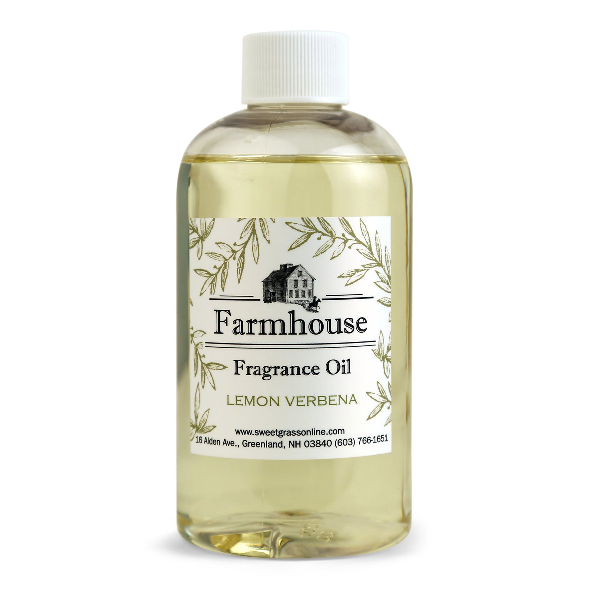 A refill bottle of Farmhouse fragrance oil labeled 'Lemon Verbena, intended for use with diffuser sticks.
