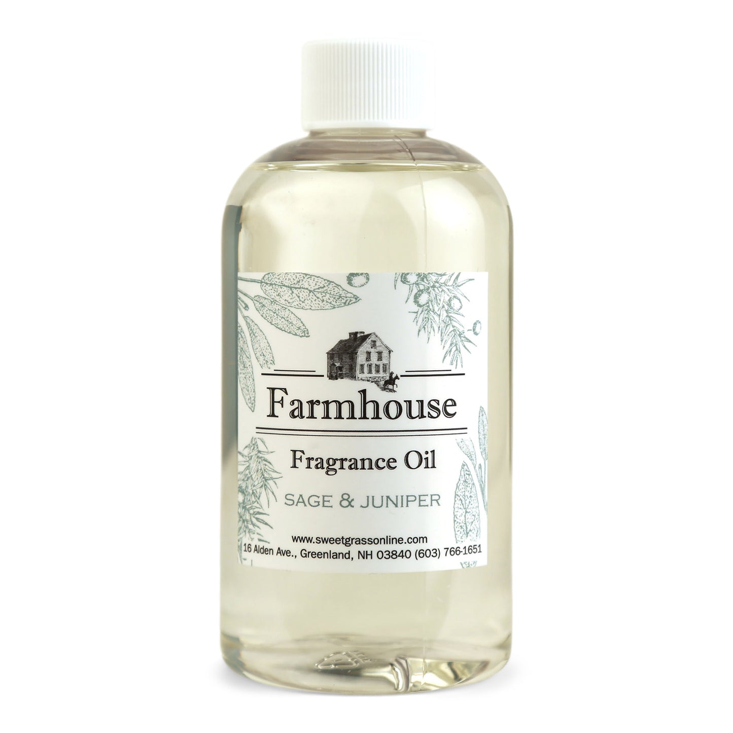A refill bottle of Farmhouse fragrance oil labeled 'Sage & Juniper', intended for use with diffuser sticks.