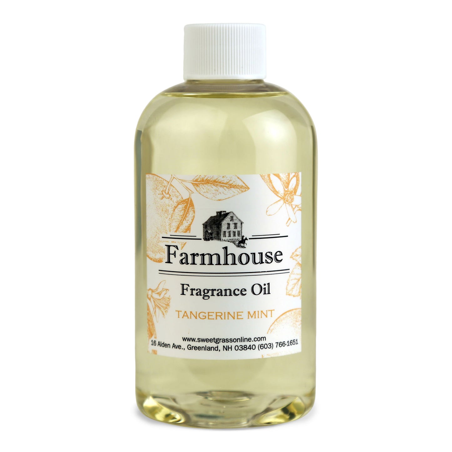A refill bottle of Farmhouse fragrance oil labeled 'Tangerine Mint, intended for use with diffuser sticks.