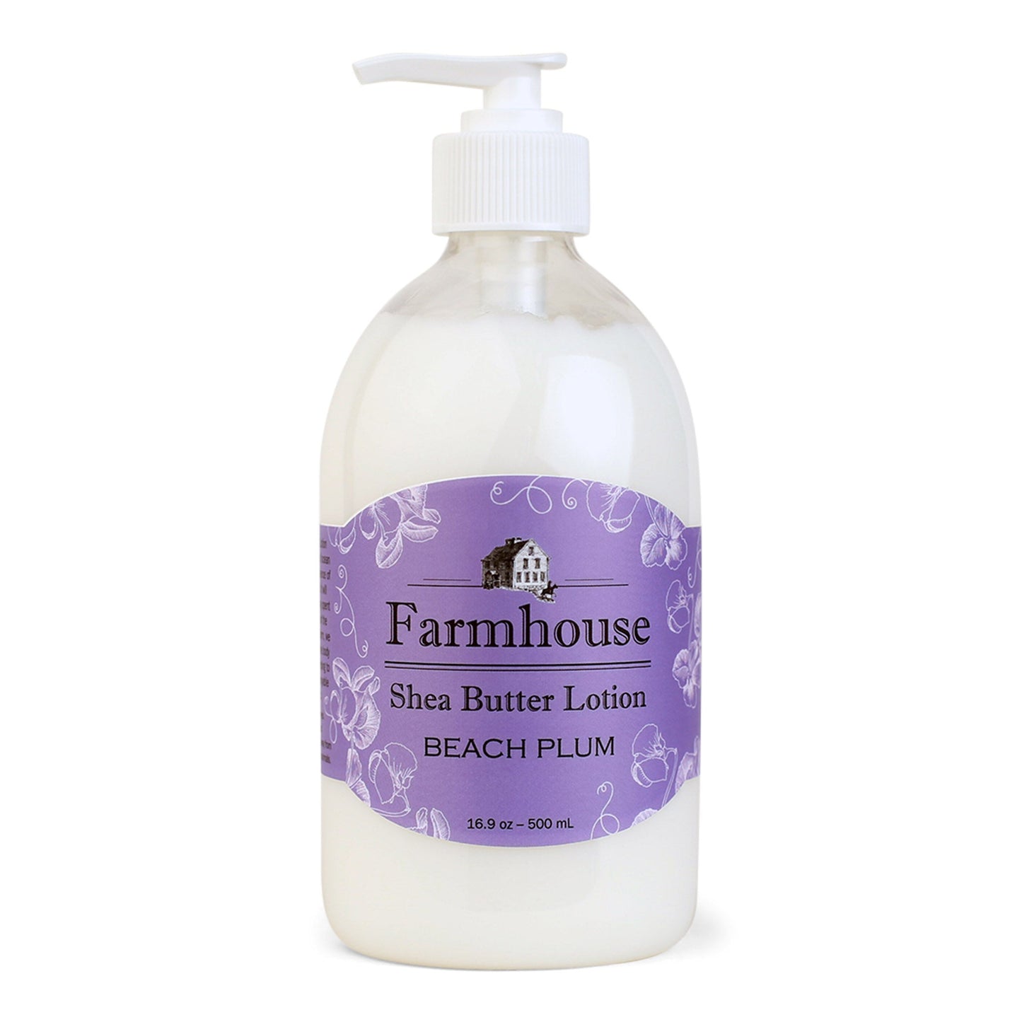 A pump bottle of Farmhouse brand shea butter lotion in Beach Plum scent, with a purple label.