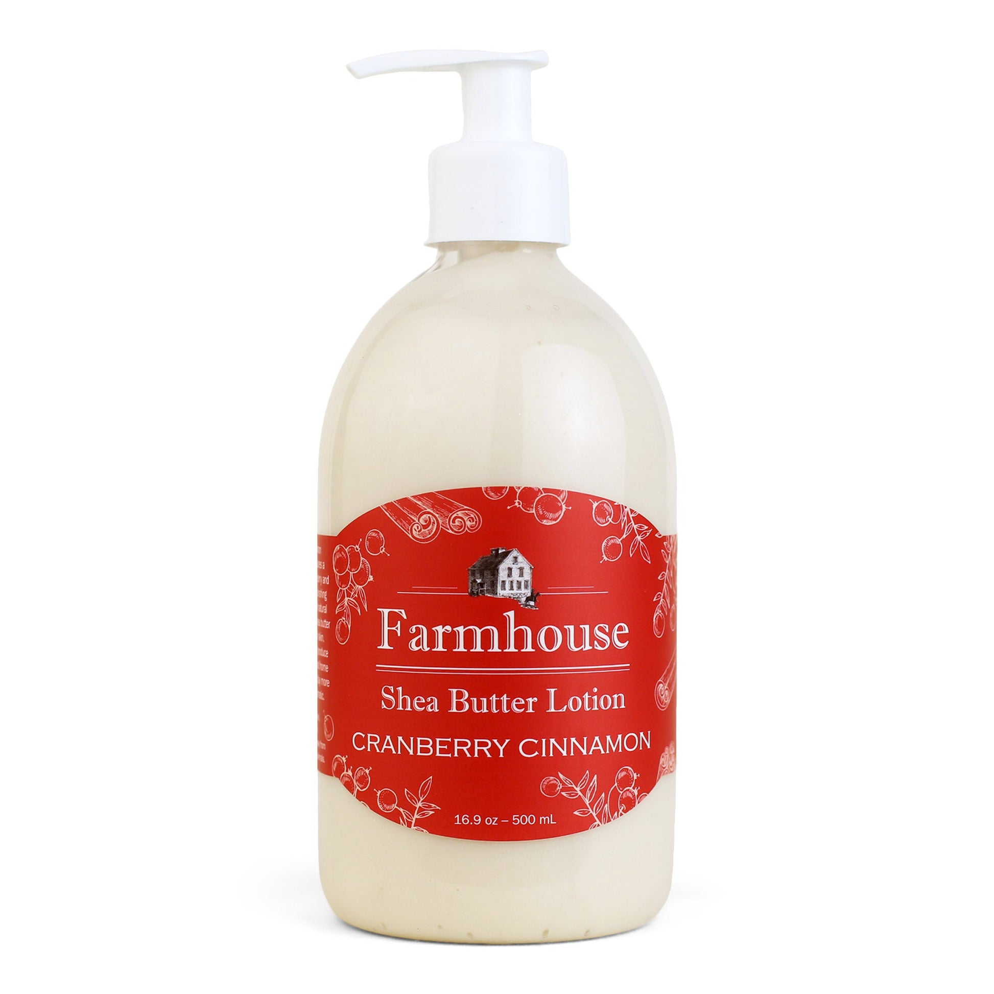 A pump bottle of Farmhouse brand shea butter lotion in Cranberry Cinnamon scent, with a red label.