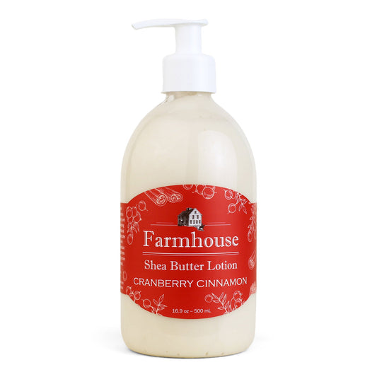 A pump bottle of Farmhouse brand shea butter lotion in Cranberry Cinnamon scent, with a red label.