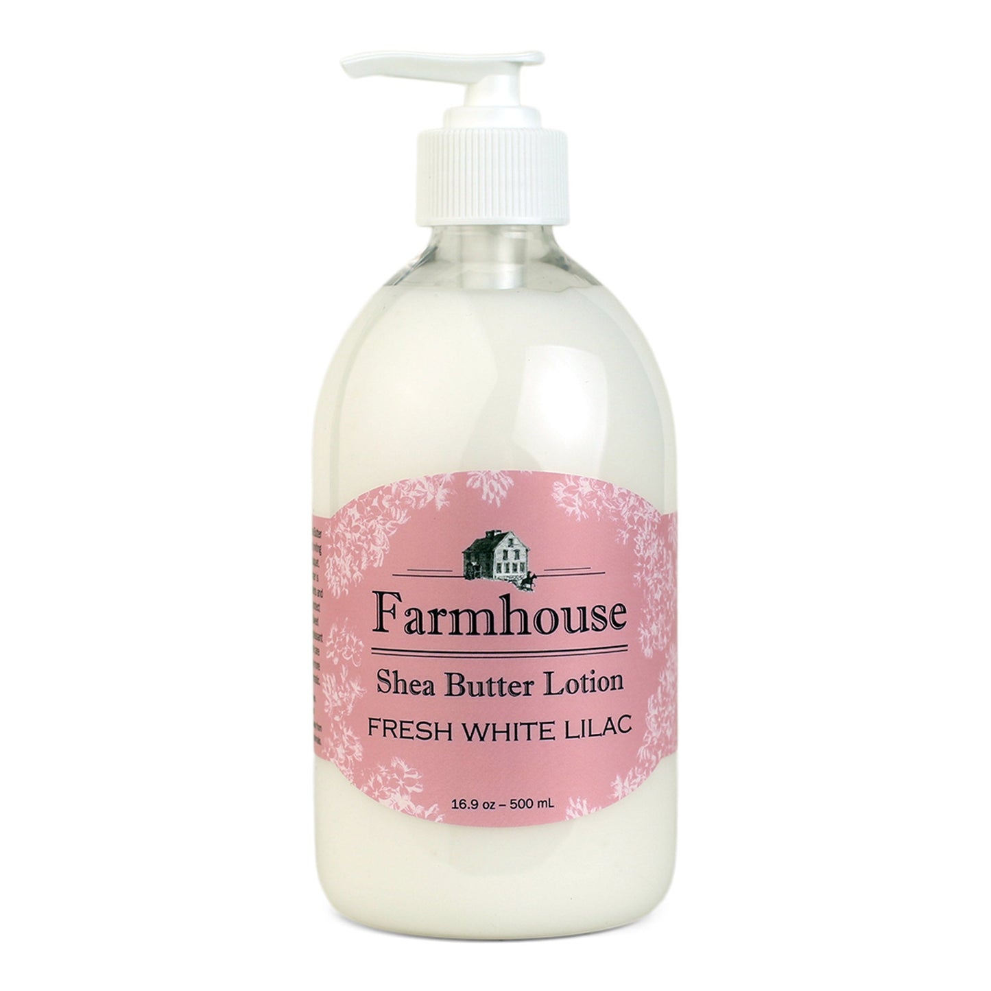 A pump bottle of Farmhouse brand shea butter lotion in Fresh White Lilac scent, with a pink label.