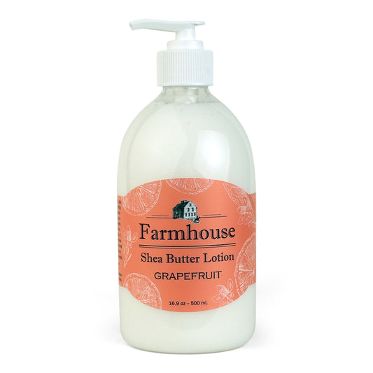 A pump bottle of Farmhouse brand shea butter lotion in Grapefruit scent, with an orange label.