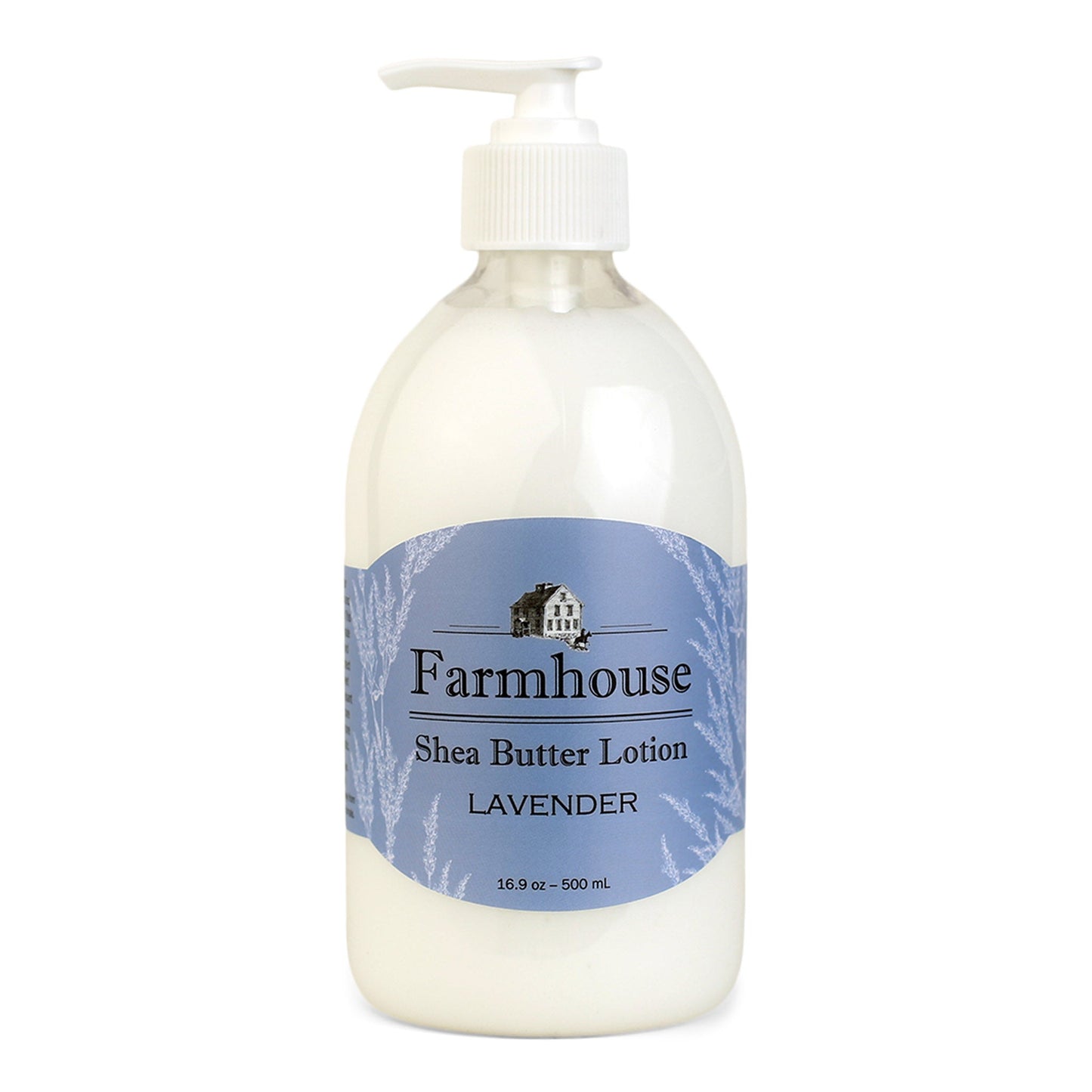 A pump bottle of Farmhouse brand shea butter lotion in Lavender scent, with a blue label.