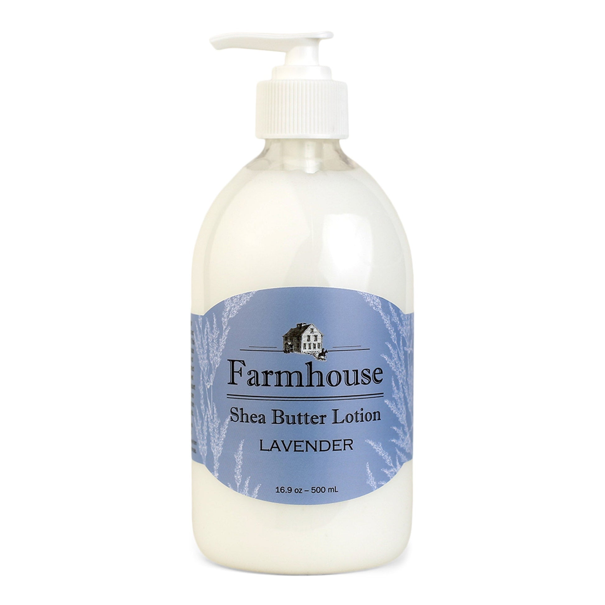 A pump bottle of Farmhouse brand shea butter lotion in Lavender scent, with a blue label.