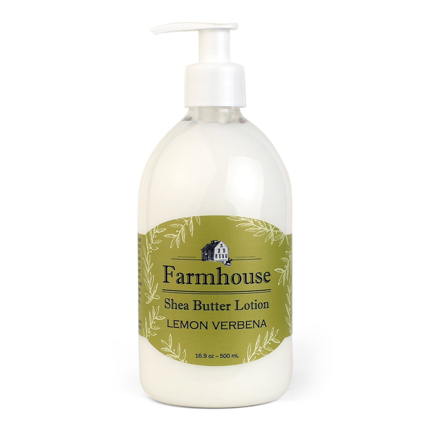 A pump bottle of Farmhouse brand shea butter lotion in Lemon Verbena scent, with a green label.
