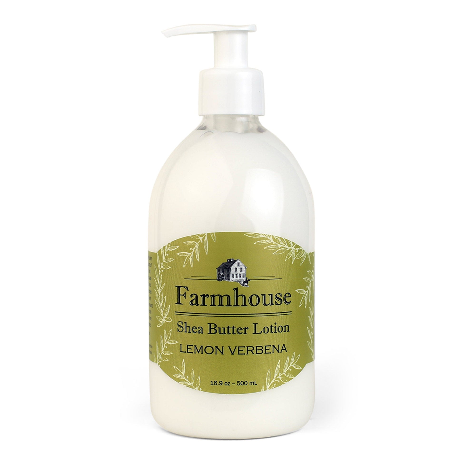 A pump bottle of Farmhouse brand shea butter lotion in Lemon Verbena scent, with a green label.