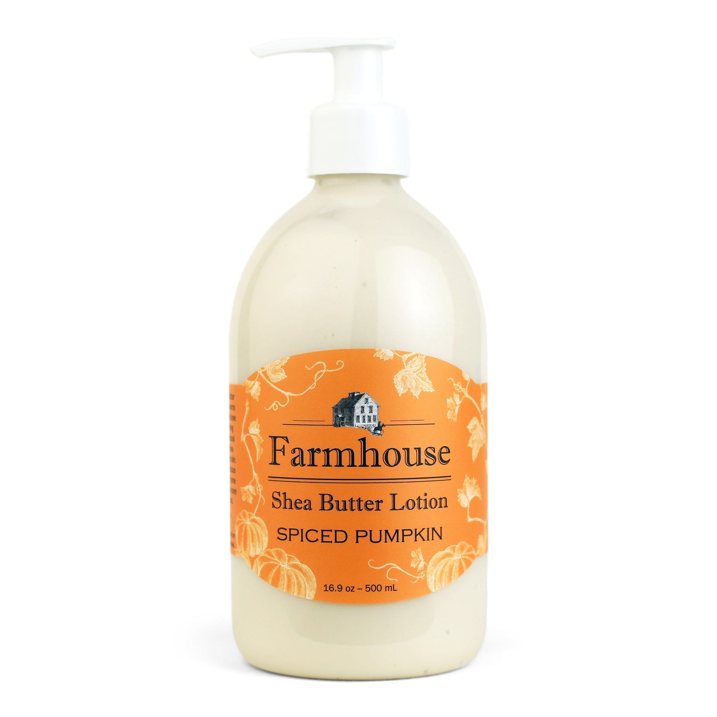 A pump bottle of Farmhouse brand shea butter lotion in Spiced Pumpkin scent, with an orange label.