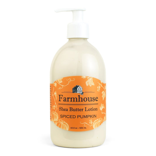 A pump bottle of Farmhouse brand shea butter lotion in Spiced Pumpkin scent, with an orange label.
