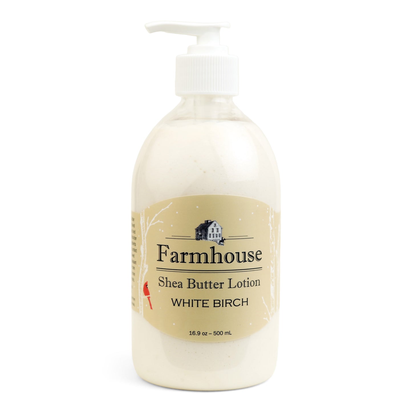A pump bottle of Farmhouse brand shea butter lotion in White Birch scent, with a beige label.