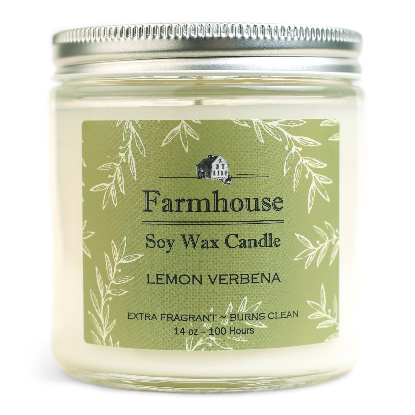 A soy wax candle jar with a label that reads 'Farmhouse Soy Wax Candle, Lemon Verbena, Extra Fragrant - Burns Clean', with a picture of a house and the brand name 'Sweet Grass Farm'.