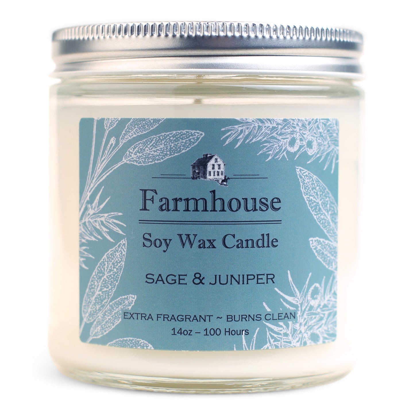 A soy wax candle jar with a label that reads 'Farmhouse Soy Wax Candle, Sage & Juniper, Extra Fragrant - Burns Clean', with a picture of a house and the brand name 'Sweet Grass Farm'.