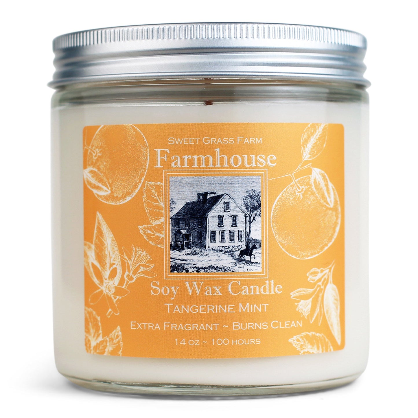 A soy wax candle jar with a label that reads 'Farmhouse Soy Wax Candle, Tangerine Mint, Extra Fragrant - Burns Clean', with a picture of a house and the brand name 'Sweet Grass Farm'.