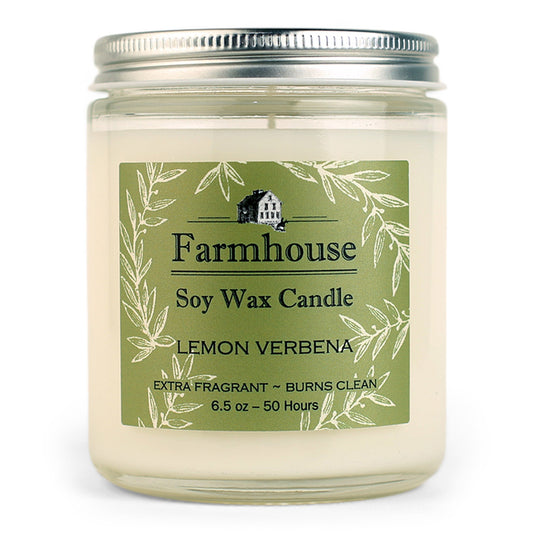 Farmhouse soy wax candle with lemon verbena fragrance on an green label