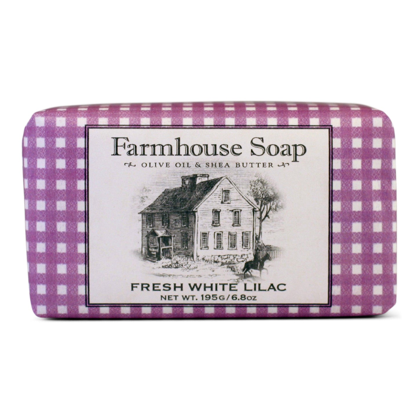 A bar of Farmhouse Soap with a blue and white checkered wrapper, labeled as Fresh White Lilac with olive oil and shea butter.