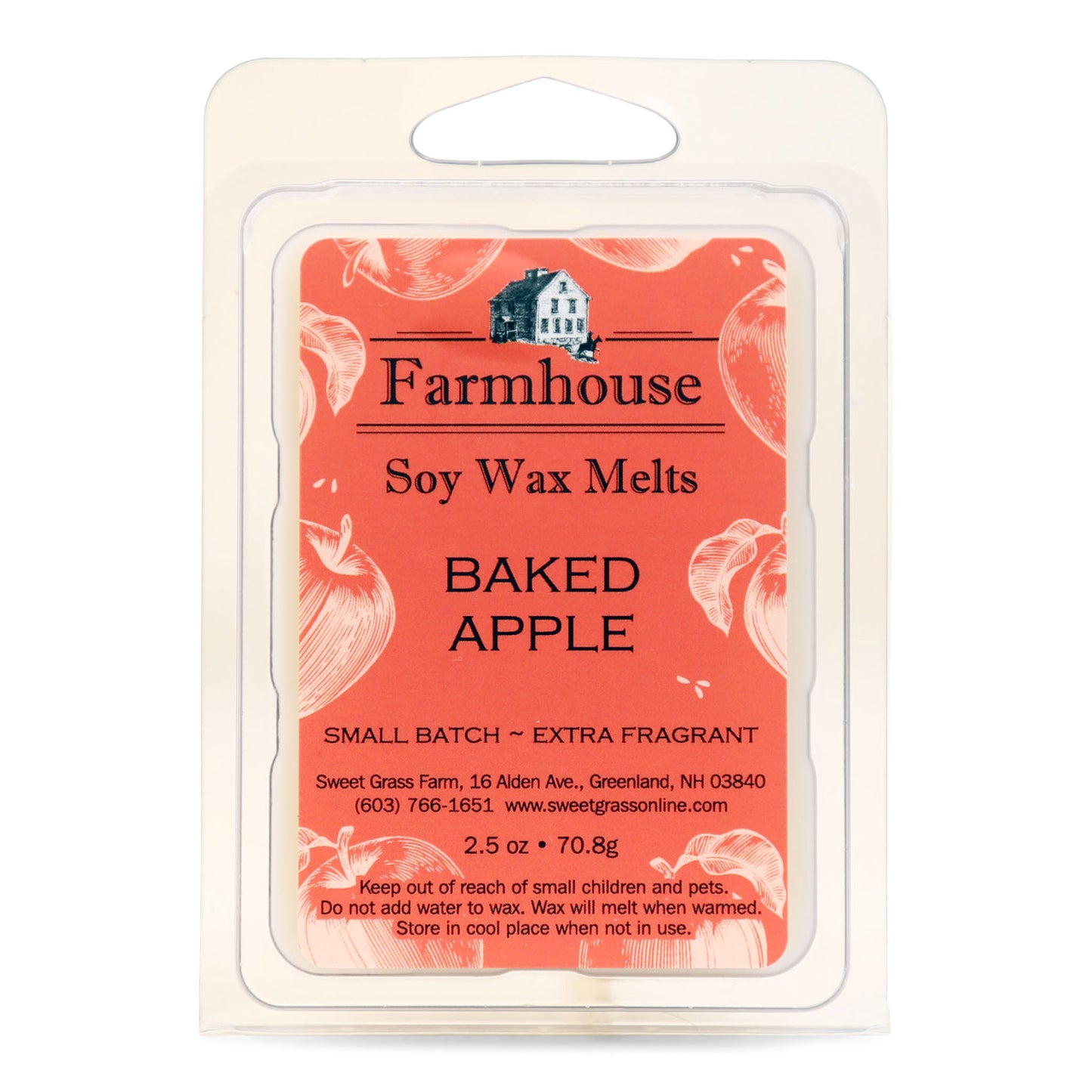 Packaging of Farmhouse brand soy wax melts with 'BAKED APPLE' scent. The packaging is red with an illustration of apples and text detailing product information.