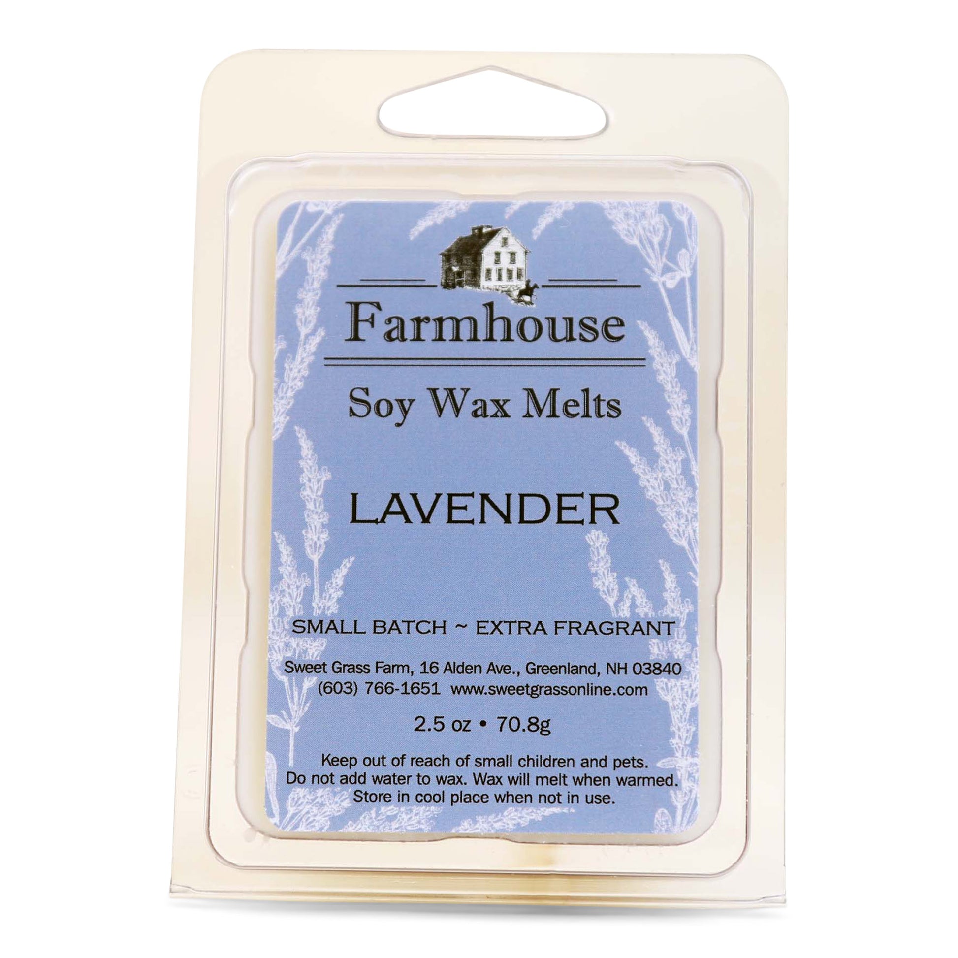 Packaging of Farmhouse brand soy wax melts with 'LAVENDER' scent. The packaging is blue with an illustration of lavender and text detailing product information.
