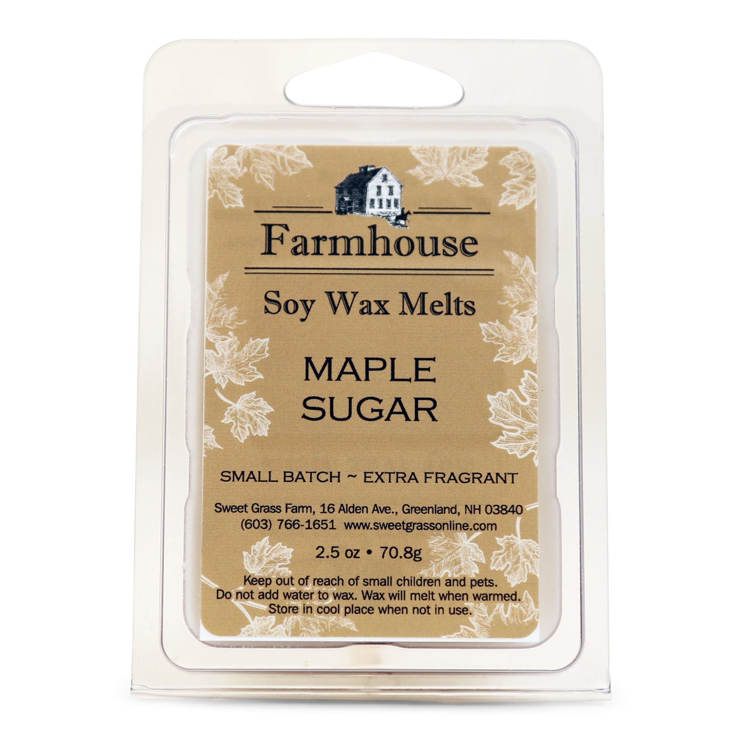 Packaging of Farmhouse brand soy wax melts with 'MAPLE SUGAR' scent. The packaging is beige with maple leaves and text detailing product information.