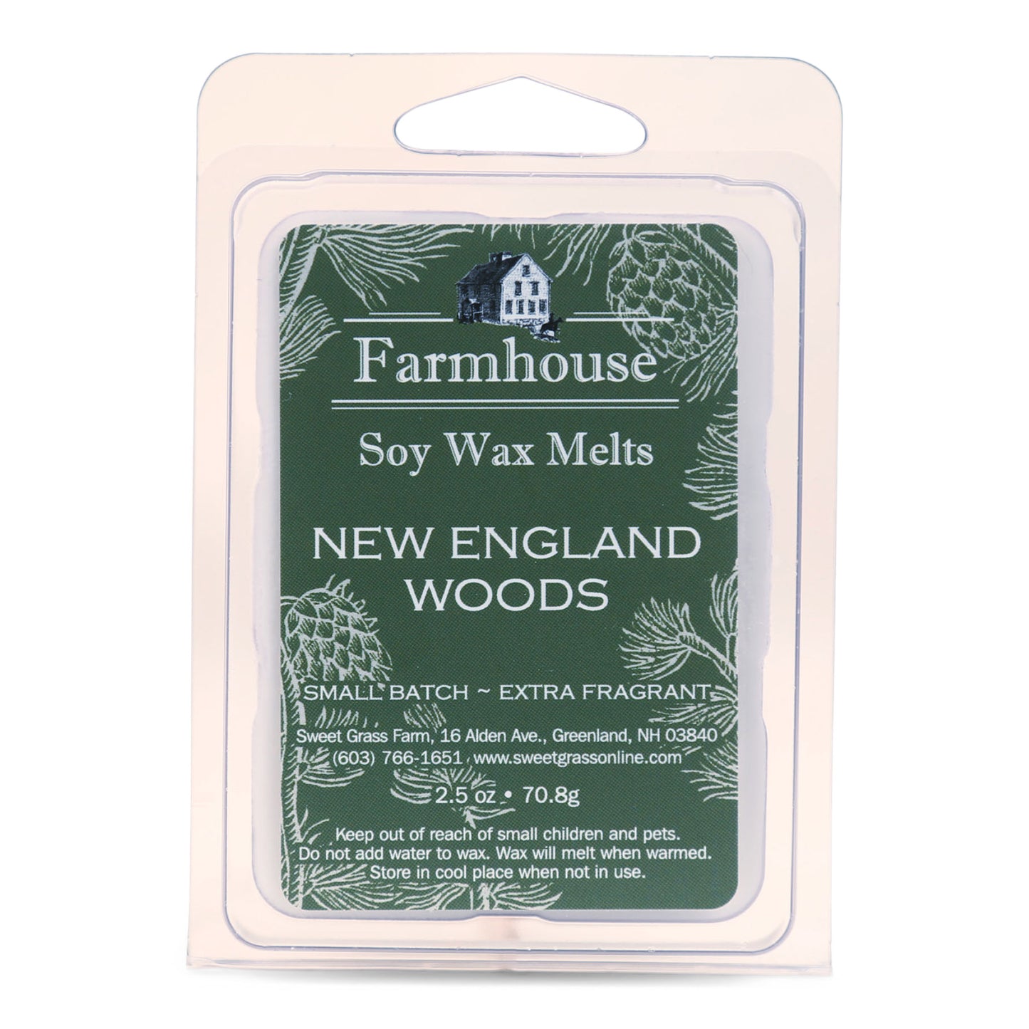 Packaging of Farmhouse brand soy wax melts with 'NEW ENGLAND WOODS' scent. The packaging is green with an illustration of pine cones and text detailing product information.