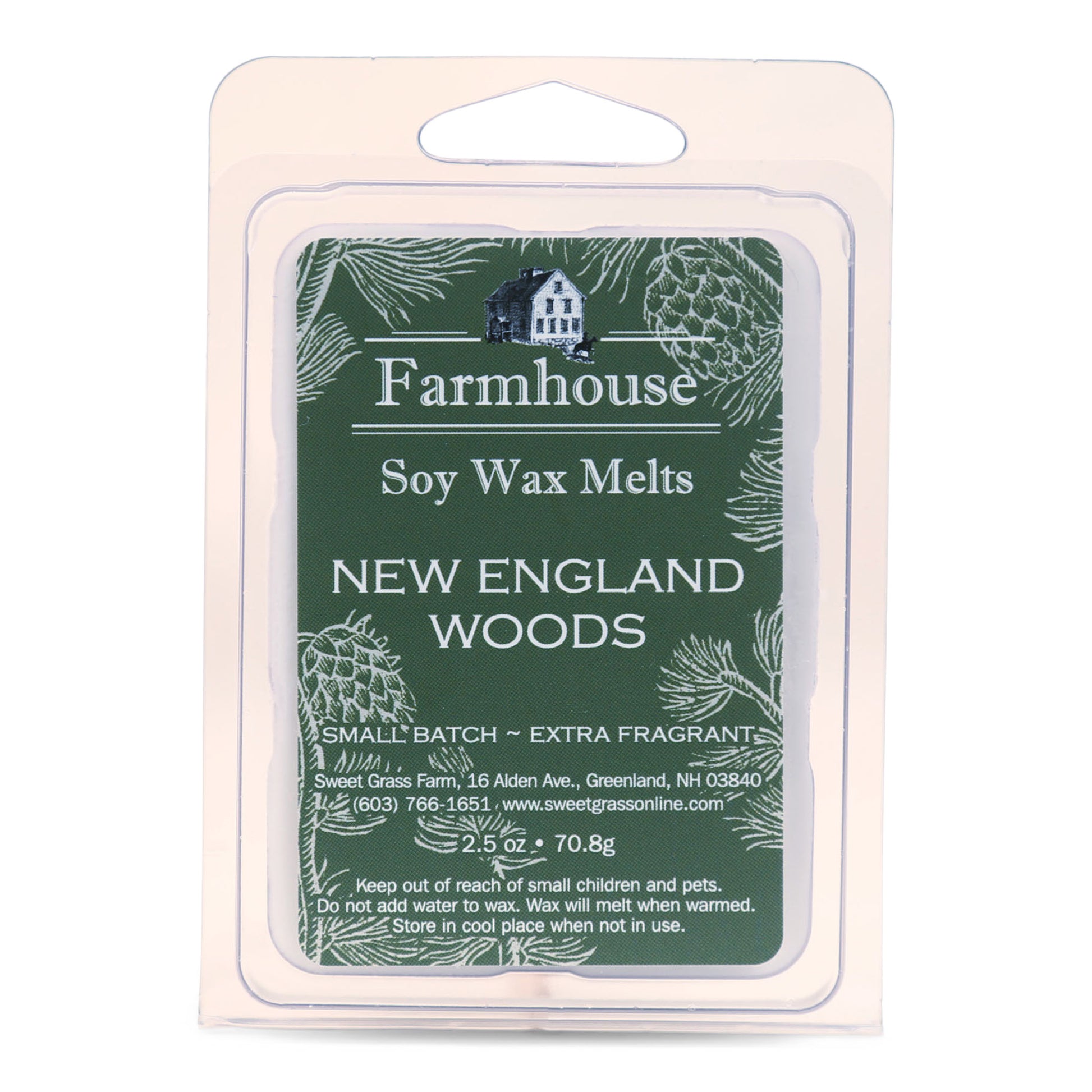 Packaging of Farmhouse brand soy wax melts with 'NEW ENGLAND WOODS' scent. The packaging is green with an illustration of pine cones and text detailing product information.