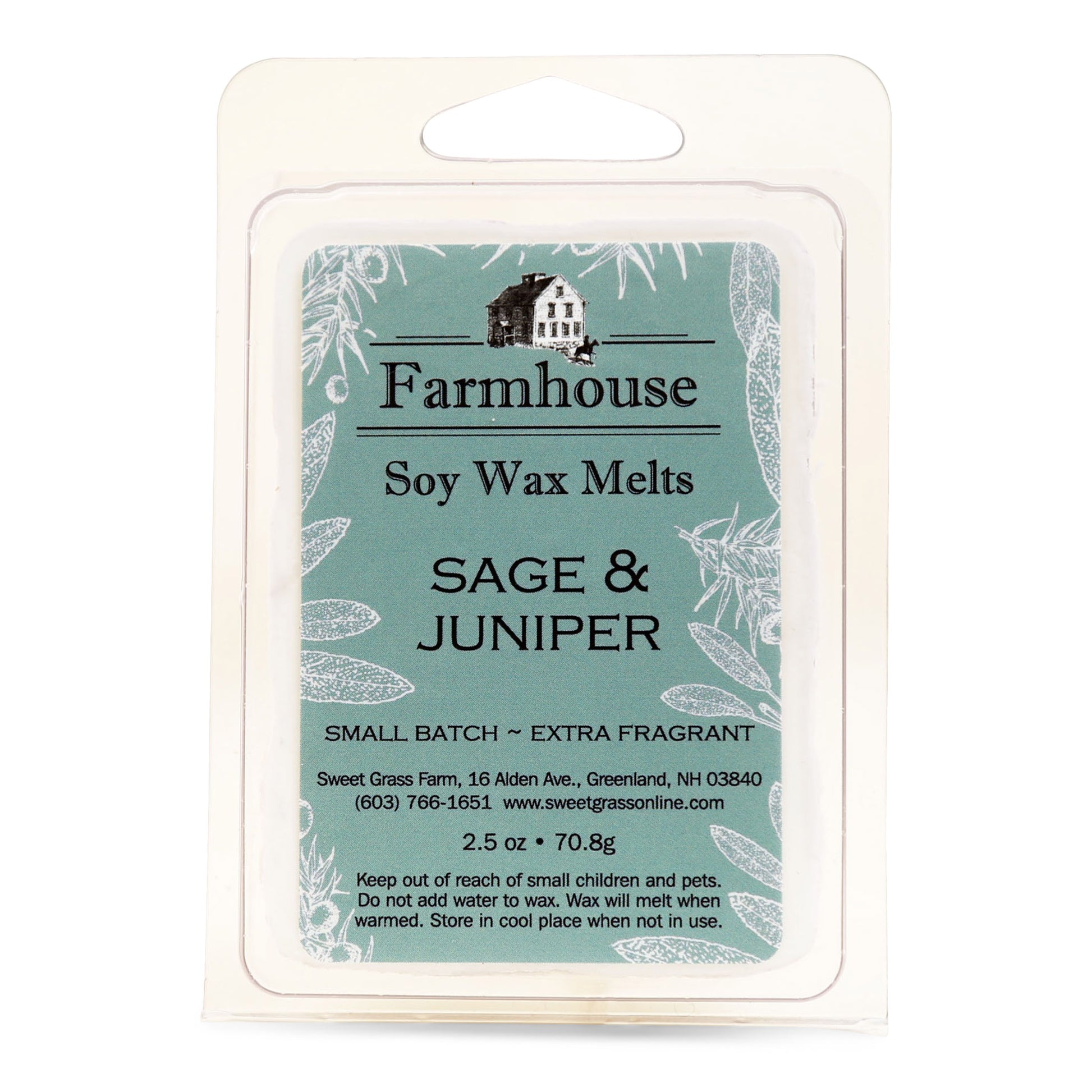 Packaging of Farmhouse brand soy wax melts with 'SAGE & JUNIPER' scent. The packaging is blue-green with an illustration of sage leaves and juniper berries and text detailing product information.